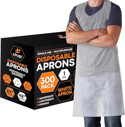 Xpose Safety 300 White Plastic Disposable Aprons for Cooking & more Individually Packaged, Durable 1 Mil Waterproof Polyethylene 24" x 48" by XposeSafety