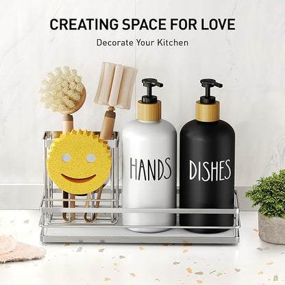 Moforoco Kitchen Dish Soap Dispenser Set, 16OZ Glass Bottle, Hand and Dish Soap Dispenser Set, Instant Dry Tray, Brush Holder with Smiley Face Sponge Holder (Silver Tray+Black&White Bottle) - Image 5