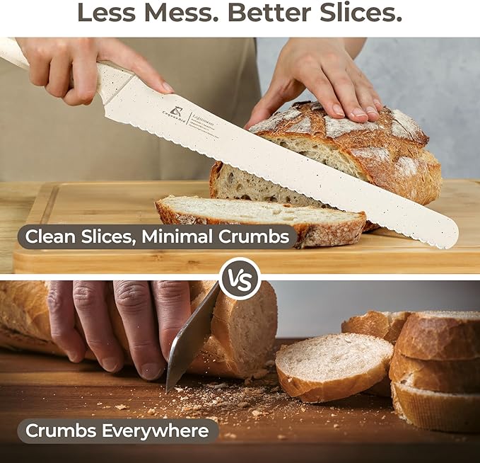 CoquusAid Upgrade Bread Knife for Homemade Bread, World‘s 1st Double Serrated Knife with 5 Thickness Adjustable Slicing Guide, Stainless Steel Bread Cutter, Razor Sharp for Sourdough, Creamy White - Image 3