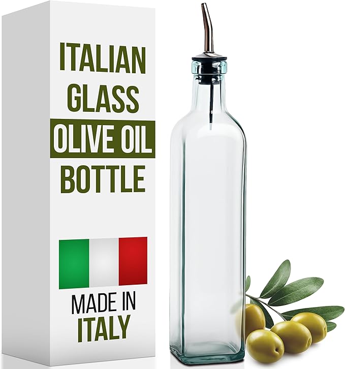 EHOMEA2Z Olive Oil Dispenser Bottle - 16 oz, Made in Italy Glass Olive Oil and Vinegar Cruet with Stainless Steel Spout for Kitchen, Slight Green Tint (2, 473 ml) by EHOMEA2Z