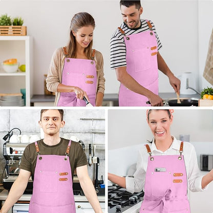 OUNLEN Chef Apron for Men Women Canvas Aprons with 3 Pockets Cross Back Resistant Work Apron for Cooking - Image 6