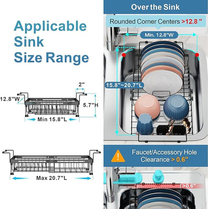 iSPECLE Expandable Dish Drying Rack with Silicone Mat for Large Kitchen Sink or On Counter, Rust Resistant Adjustable Over the Sink Dish Drainer with Tightening Knob, 12.8" W x 15.8"-20.7" L, Black