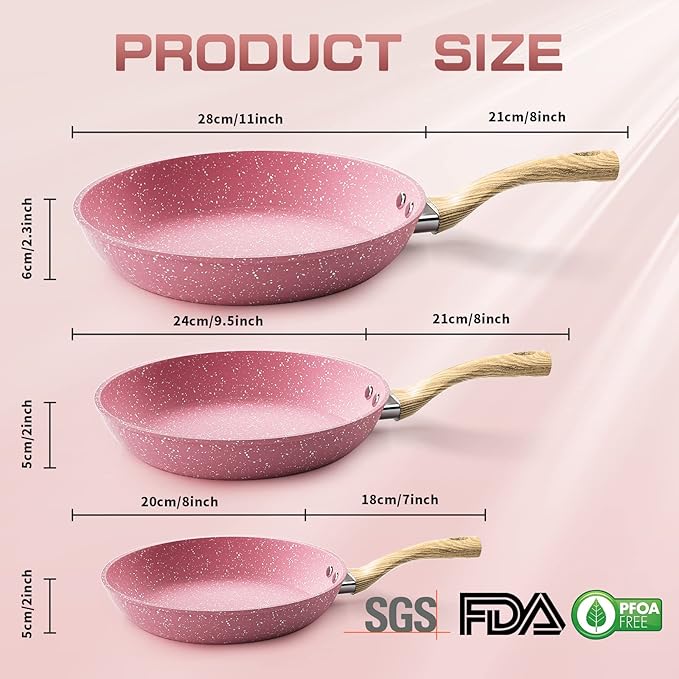 Frying Pan Nonstick Set, 8" & 9.5" & 11" Pink Egg Pan, Non Stick Fry Pan Set PFOA-Free Omelet Pan, Toxin-Free Skillets Stone Cookware, Anti-Warp Base with All Stove Tops Available,Induction Compatible - Image 2