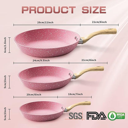 Frying Pan Nonstick Set, 8" & 9.5" & 11" Pink Egg Pan, Non Stick Fry Pan Set PFOA-Free Omelet Pan, Toxin-Free Skillets Stone Cookware, Anti-Warp Base with All Stove Tops Available,Induction Compatible - Image 2