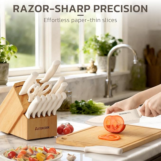 Astercook Knife Set, 15 Pieces Kitchen Knife Set with Sharpener Block, German Stainless Steel Knives Set with Anti-Rust Coating, Dishwasher Safe Elegant Cream White Knife Block Sets, Mothers Day Gifts - Image 5