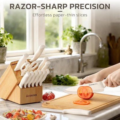 Astercook Knife Set, 15 Pieces Kitchen Knife Set with Sharpener Block, German Stainless Steel Knives Set with Anti-Rust Coating, Dishwasher Safe Elegant Cream White Knife Block Sets, Mothers Day Gifts - Image 5