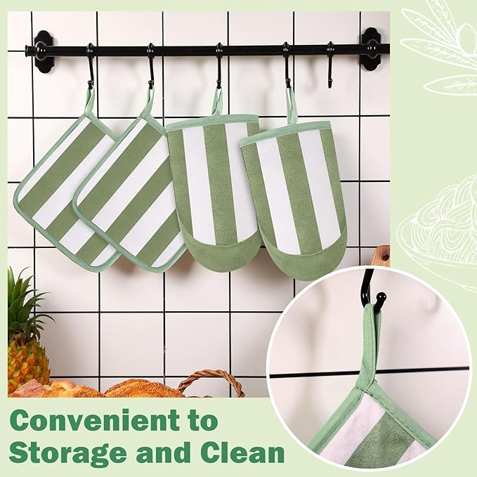Reallnaive Oven Mitts and Pot Holders 4 Pcs Set for Kitchen, Stripe Cotton Oven Mitten Gloves Hot Pads Heat Resistant 500°f Outdoor Indoor Garden Baking Cooking BBQ Gift Hanging Loop, Beige (Green) - Image 4