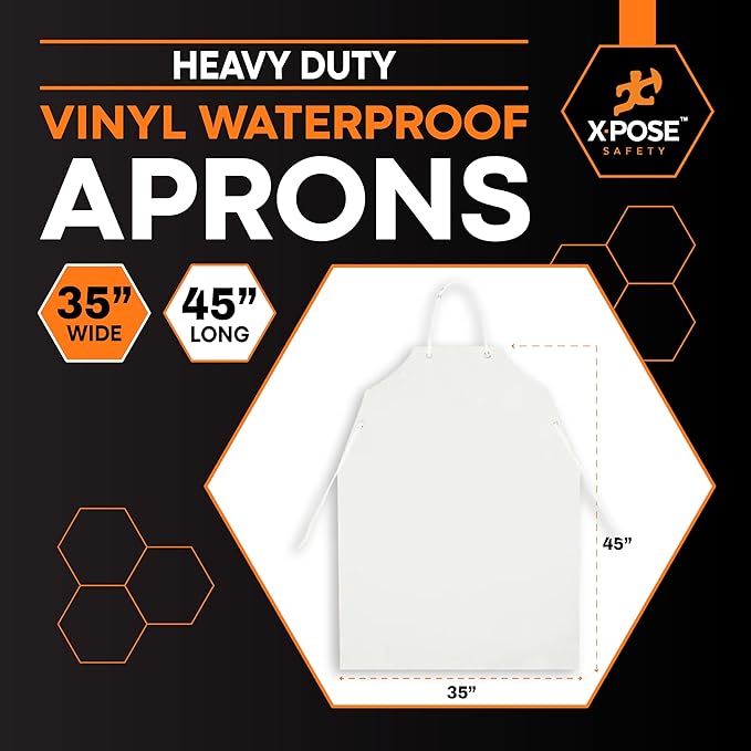 Xpose Safety Heavy Duty Vinyl Waterproof Aprons, White - For Home, Industrial and Commercial Use - Chemical Resistant
