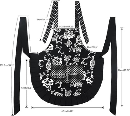 G2PLUS Vintage Floral Kitchen Apron for Women, Black Pleated Hem Cooking Apron with Pocket, Retro Cotton Apron for Kitchen and Home Use (29 x 21 inch)