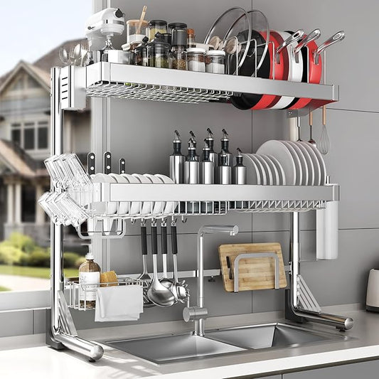 Over The Sink Dish Drainer Drying Rack 3 Tier, Full Stainless Steel Dish Drying Rack Adjustable Length 20.9''-37.4'' , Kitchen Sink Shelf, Organized Space-Saving Dish Rack with Pots and Pans Rack