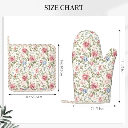 Oven Mitts and Pot Holders Flower Boho Rose Floral Silicone Kitchen Accessories Set of 4 Heat Resistant Long Gloves Potholder Non-Slip Grip for Chef Cooking Baking Grilling BBQ