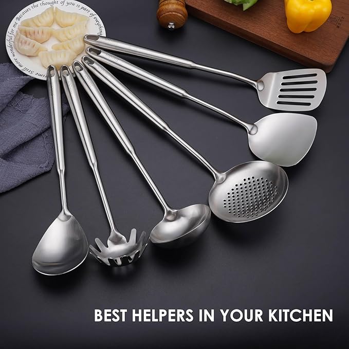18/10 Stainless Steel Kitchen Utensils Set, 6 PCS All Metal Professional Cooking Utensils, 15" Long Kitchen Tools - Spatula, Ladle, Skimmer Spoon, Pasta Serve, Large Spoon, Slotted Spatula Tunner - Image 5