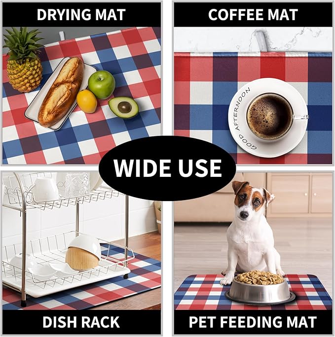 4th of July Dish Drying Mat Patriotic Buffalo Plaid Drying Mats for Kitchen Counter Absorbent Microfiber Dish Drainer Pad Independence Memorial Day Dish Draining Mat 16x18 Inch - Image 7