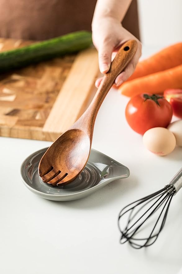 LAUCHUH Spoon Rest, 5 inch Spoon Holder for Stove Top Heat-Resistant Large Ceramic Spoon Rest for Kitchen Counter, Ladles, Tongs, Farmhouse Kitchen Decor for Mother's Day, Set of 2, Grey