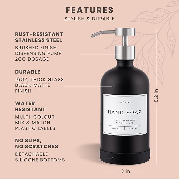 Hand and Dish Soap Dispenser for Kitchen and Bathroom, Set of 2 16 Oz Glass Bottles, Stainless Steel Pumps, Non-Slip Silicone Base, 27 Waterproof Labels (Matte Black Bottle/Brushed Silver Pump) - Image 6