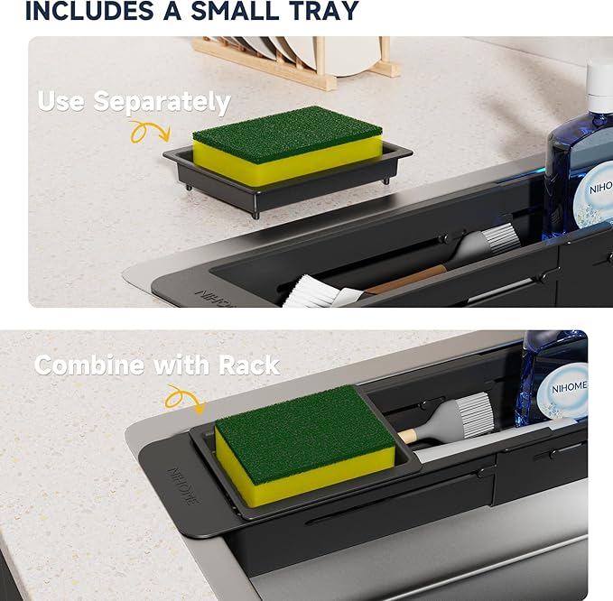 NiHome Extendable Over Sink Kitchen Organizer, Small Telescopic Brush Storage Rack for Sponge, Non-Slip Pads Expandable Sink Caddy, Adjustable Sponge/Brush Rack with Drainage Durable ABS (Black) - Image 3