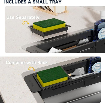 NiHome Extendable Over Sink Kitchen Organizer, Small Telescopic Brush Storage Rack for Sponge, Non-Slip Pads Expandable Sink Caddy, Adjustable Sponge/Brush Rack with Drainage Durable ABS (Black) - Image 3