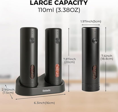 110ml Electric Salt and Pepper Grinder Set, Rechargeable salt and pepper shakers with LED Light, 2-Pack with Charging Base, External 6 Adjustable Coarseness, Holiday Gifts