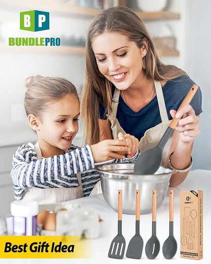 Pack of 4 Silicone Cooking Utensils Set, Non Stick Solid Spatulas and Heat Resistant Slotted Spoons with Wooden Handle, Ideal Wood Kitchen Utensils Set for Frying,Serving,Turning,Stirring (GRAY) - Image 7