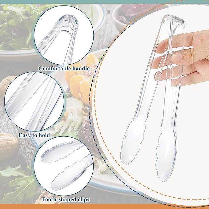 Tessco for you 100 Pcs Plastic Tongs for Serving Bulk, 9 Inch Plastic Disposable Serving Tongs, Heavy Duty Salad Tong for Kitchen, Buffet, BBQ, Events & Catering (Transparent) - Image 3