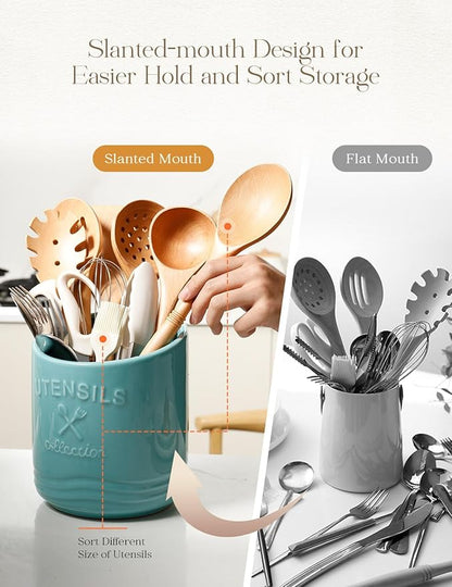 AISBUGUR Large Ceramic Utensil Holder 7.5" H×6.3" W with Slanted Mouth - Utensil Crock with Non-Slip Cork Base for Kitchen Counter, Ideal for Decor & Gift,Blue - Image 4