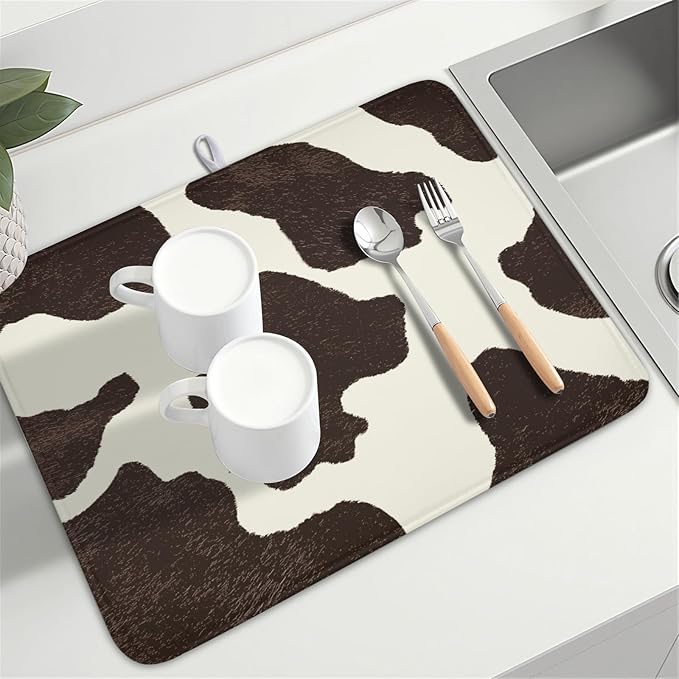 Milk Cow Drying Mat 24x18 Inch, Brown White Cowhide Drying Mat with Absorbent Reversible Microfiber, Cattle Fur Farmhouse Dish Drainer Mats Summer Rack Pad for Coffee Countertop Kitchen Protector