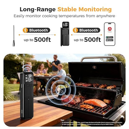 Smart Wireless Meat Thermometer, Digital Cooking Thermometer with Dual High-Accuracy Sensors, Ceramic Heat-Resistant Probe, Instant Read LCD & App Control for Kitchen,BBQ, Oven,Grill,Air Fryer, Black