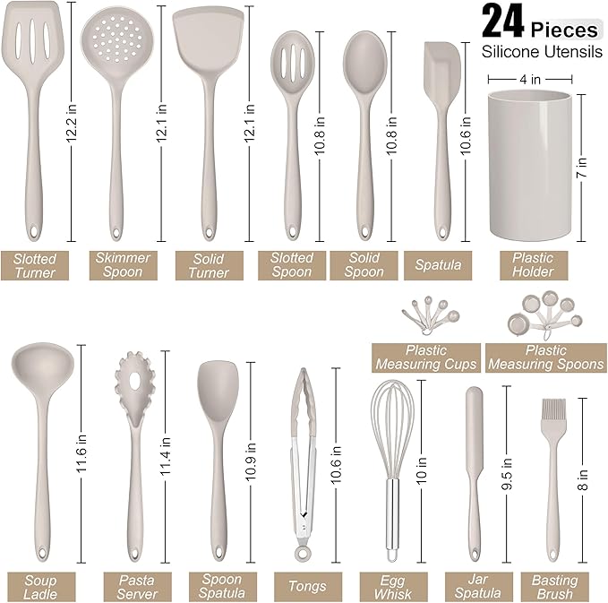 E-far Silicone Cooking Utensils Set, 24Pcs Heat Resistant Kitchen Utensil with Holder, Silicone Kitchen Tools with Spatula Turner Spoon Tongs Whisk, Non-Toxic & Dishwasher Safe (Khaki) - Image 2