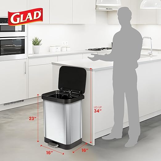 Glad GLD-74506 Stainless Steel Step Trash Can with Clorox Odor Protection | Large Metal Kitchen Garbage Bin with Soft Close Lid, Foot Pedal and Waste Bag Roll Holder, 13 Gallon, Stainless - Image 2