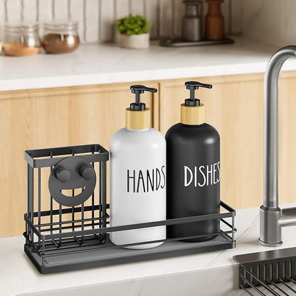 Moforoco Kitchen Dish Soap Dispenser Set, 16OZ Glass Bottle, Hand and Dish Soap Dispenser Set, Instant Dry Tray, Brush Holder with Smiley Face Sponge Holder (Black Tray+Black&White Bottle) - Image 7