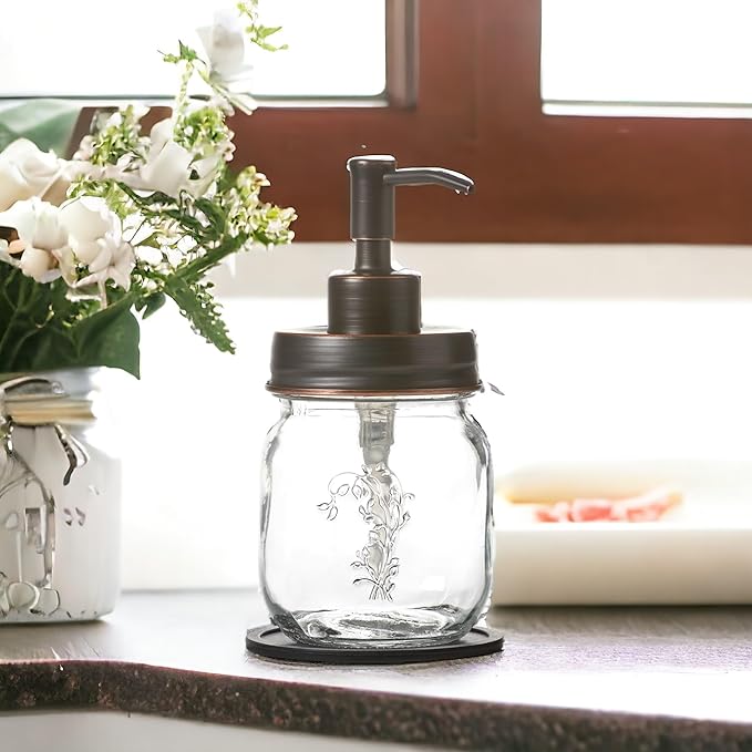 12oz Mason Jar Oil Rubbed Bronze Soap and/or Lotion Dispenser for Hand Sanitizer; Petite, Cute and Compact Liquid Soap or Hand/Body Lotion Refillable Dispenser (Oil Rubbed Bronze, Single 12oz)