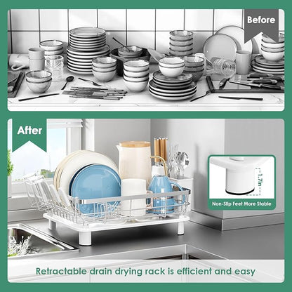 MOUKABAL Dish Drying Rack, Dish Rack, Stainless Steel Dish Racks for Kitchen Counter, Dish Drainer with Removable Utensil Holder, Drainboard (White,Stainless Steel,13''W x 17''L) - Image 2