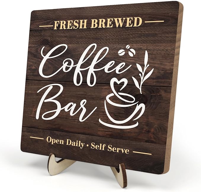 Coffee Bar Sign Plaque, Rustic Wooden Tabletop Plaque with Stand, Vintage Farmhouse Café Counter Sign for Kitchen Coffee Station, Fresh Brewed Mini Bar Decor 5.9x5.9inch by DMADNF