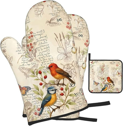 Vintage Bird Themed Hot Pads and Oven Mitts Set of 3,Heat Resistant Non Slip Cute Rustic Kitchen Mitts and Pot Holder Set & Baking Gloves for Cooking Baking Grilling BBQ,Bird Lover Gifts for Women
