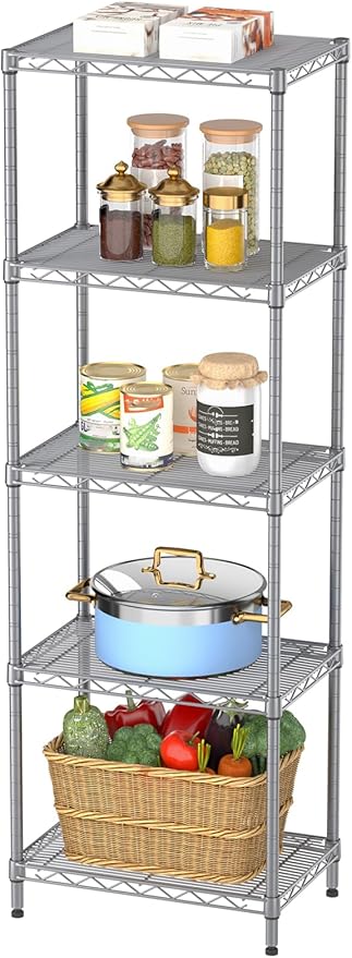 SINGAYE 5 Tier Shelf Wire Shelving Adjustable Storage Shelves Rack Standing Units for Kitchen Closet Laundry Bathroom Organizers Metal Pantry Narrow Mesh Gaps 10" D x 16" W x 55" H Gray by SINGAYE