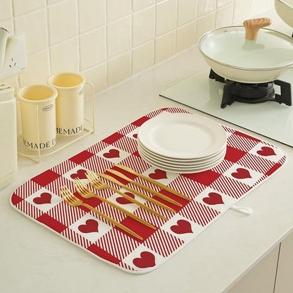 Happy Valentines Day Dish Drying Mat 18 x 24 inch Red Checkered Love Hearts Decorative Drying Mats Microfiber Absorbent Valentine Dish Washable Draining Mat for Kitchen Counter Decor