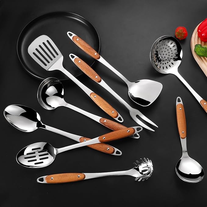304 Stainless Steel Cooking Utensils Set,9PCS Metal Kitchen Utensils Set with Wooden Handle,Solid Spoon,Spatula,Ladle,Skimmer Spoon,Spaghetti Spoon,Dishwasher Safe - Image 8