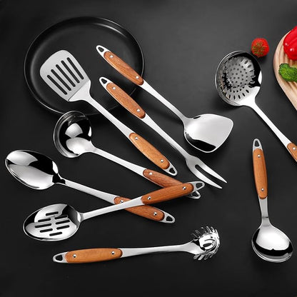 304 Stainless Steel Cooking Utensils Set,9PCS Metal Kitchen Utensils Set with Wooden Handle,Solid Spoon,Spatula,Ladle,Skimmer Spoon,Spaghetti Spoon,Dishwasher Safe - Image 8