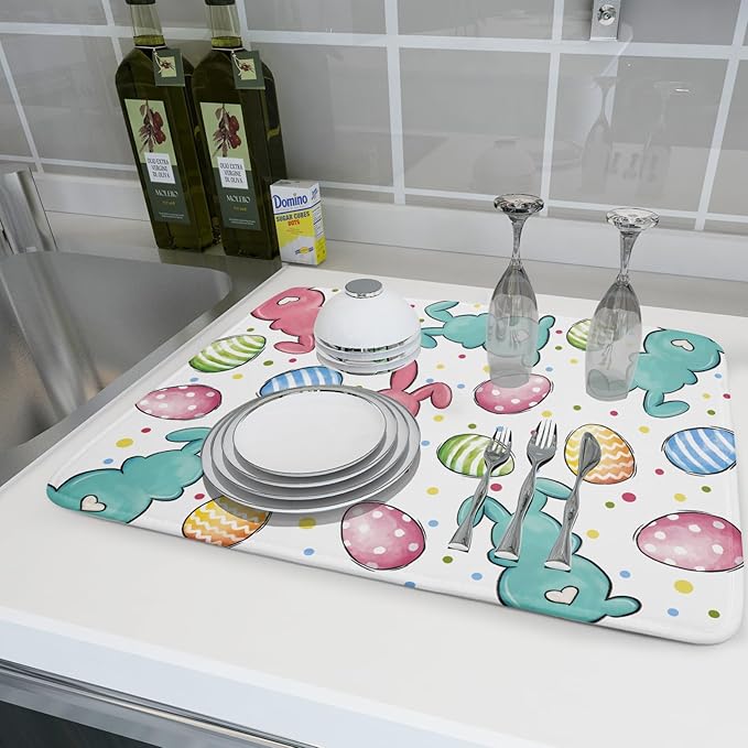 Easter Dish Drying Mat for Kitchen Counter Colorful Bunny Holiday Microfiber Absorbent Dish Draining Reusable Washable Foldable Extra Large 18"x24" - Image 6