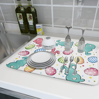 Easter Dish Drying Mat for Kitchen Counter Colorful Bunny Holiday Microfiber Absorbent Dish Draining Reusable Washable Foldable Extra Large 18"x24" - Image 6