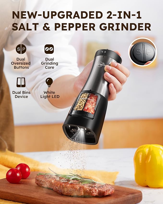 Sangcon Electric Salt and Pepper Grinder Set Shaker 2 IN 1 - Automatic Salt and Pepper Grinder Mill, Battery Powered One-Handed Operation Refillable with Light Dual Ceramic Mill - Image 2