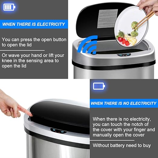 Dkeli Kitchen Trash Can for Bathroom Bedroom Home Office Automatic Touch Free High-Capacity Garbage Can with Lid 13 Gallon / 50L Brushed Stainless Steel Trash Bin