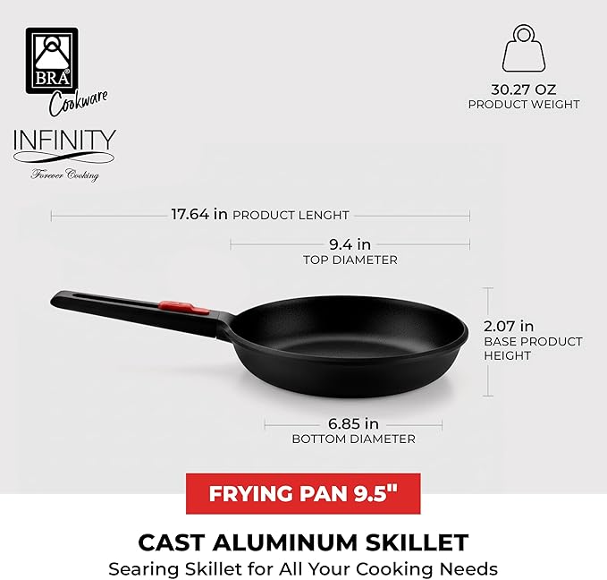 BRA COOKWARE Infinity Nonstick Frying Pan | 9.5-Inch Cast Aluminum Skillet | PFOA/PFAS Free Fry Pan | Removable Handle | All Cooktops (incl Induction) Searing Skillet | Oven Safe up to 425°F