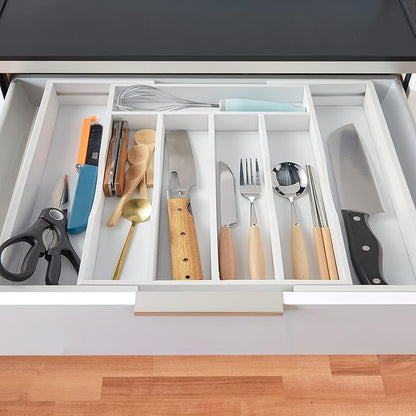 2-Piece Expandable Bamboo Kitchen Drawer Organizer for Cutlery and Utensils, Adjustable Bamboo Wood Cutlery Tray in Drawer for Flatware and Silverware in Kitchen, (White) - Image 4
