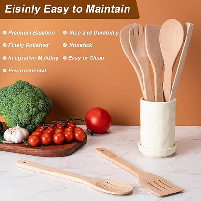 Eisinly Wooden Spoons for Cooking 7-Piece, Kitchen Nonstick Wood Cooking Utensils Set, Durability Wooden Spatula Spoon for Everyday Use, Light Yellow - Image 4