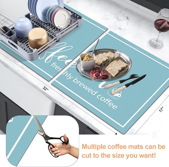 Findosom Dish Drying Mat, 17"x 32" Super Absorbent & Hide Stain Coffee Mat, Cuttable Drying Mat for Kitchen Counter, Coffee Bar Accessories, Under Dish Rack, Coffee Maker, Espresso Machine, Blue - Image 2