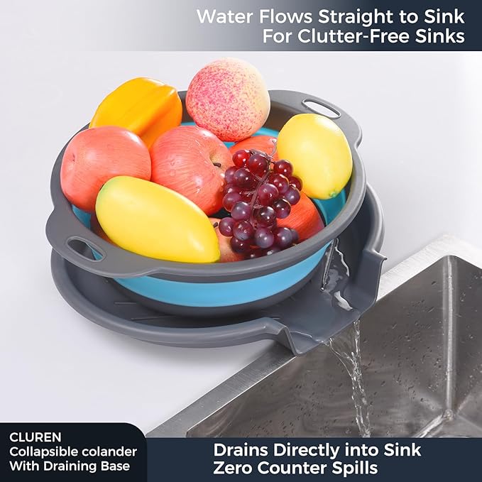 Collapsible Colander Set with Oversized Draining Tray | 3-Pack Foldable Kitchen Strainers + Base | Space Saving for Pasta, Veggies, Fruit & Rice | 5 Colors (Gray-Blue) - Image 2