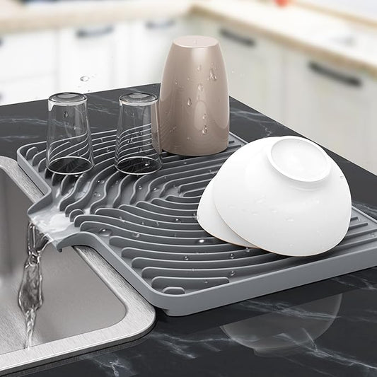 Silicone Dish Drying Mat for Kitchen Counter , Dish Drying Rack Matt with Built in Drain, 18 Inch dish Dry Mats for Kitchen Counter,Bumps up sink Applicable(18×12inch Extra Raised, gray)