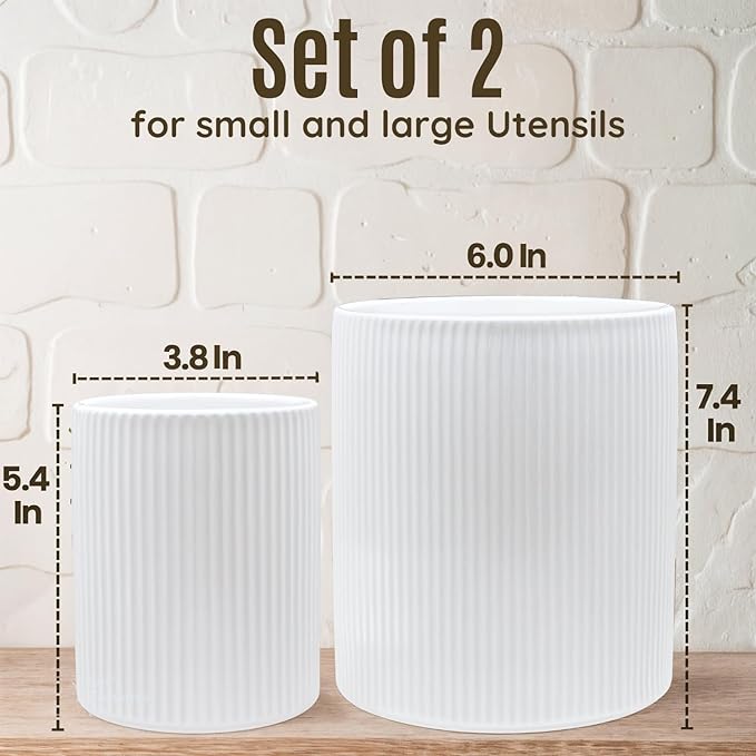 2 Pack Ceramic Utensil Holder, 7.3"+5.4" Large kitchen utensils holder for Countertop, 360° Rotating Cooking Utensil Crock for Kitchen Counter with Detachable Wooden Base, Kitchen Décor - Image 3