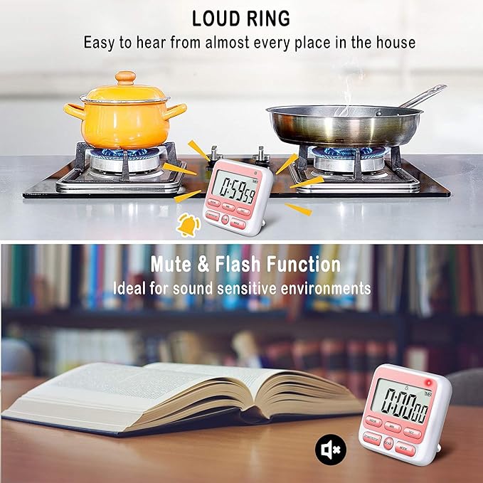 KTKUDY Digital Kitchen Timer with Mute/Loud Alarm Switch ON/Off Switch, 12-Hour Clock & Alarm, Memory Function Count Up & Count Down for Kids Teachers Cooking, Large LCD Display, Strong Magnet (Pink) - Image 3